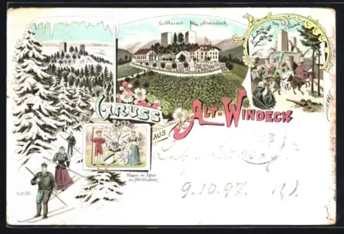 Winter-Lithographie Alt-Windeck, Ortsansicht, Burg Windeck, Wappen der Ritter