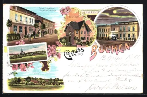 Lithographie Büchen, Partie am Bahnhof, Ortsansicht und Gasthaus von Christian Ohlrooge