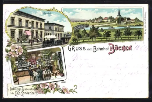 Lithographie Büchen, Bahnhof mit Restaurant von Ch. Sondenberg, Ortspanorama