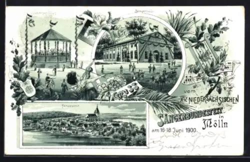 Lithographie Mölln, Sängerbundesfest 1900, Panorama, Pavillion und Sängerhalle