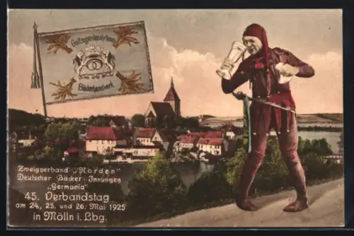 AK Mölln i. Lbg., 45. Verbandstag Deutscher Bäcker Innungen, Narr mit Pokal vor dem Ort