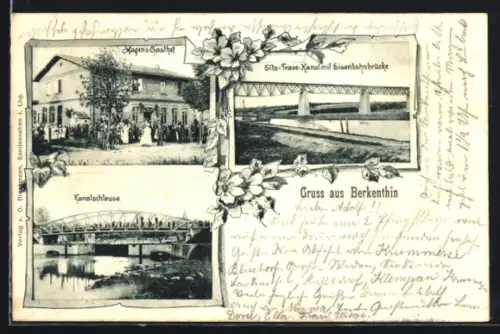 AK Berkenthin, Elbe-Trave-Kanal mit Eisenbahnbrücke, Hagen`s Gasthof und Kanalschleuse