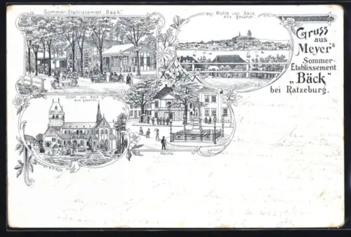 Lithographie Ratzeburg, Mühle, Sommer-Etablissement Bäck und Dom