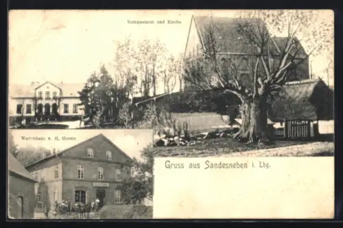 AK Sandesneben i. Lbg, Kompostorat und Kirche, Warenhaus von H. Harms