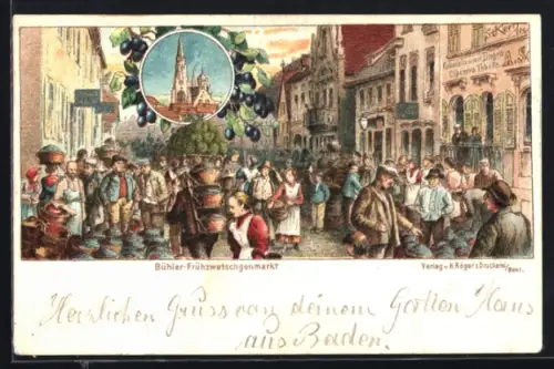Lithographie Bühl, Strassenleben zum Bühler Frühzwetschgenmarkt