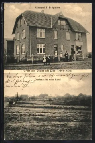 AK Güster, Krämerei von F. Brügmann und Dorfansicht vom Kanal