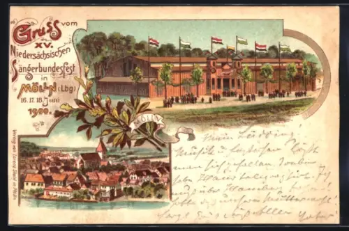 Lithographie Mölln /Lbg, XV. Niedersächsisches Sängerbundfest 1900, Ortsansicht, Blick auf die Festhalle