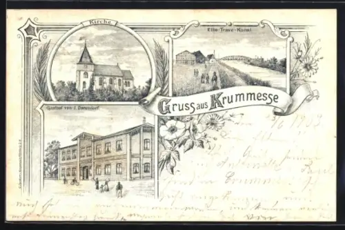 Lithographie Krummesse, Gasthof von J. Dorendorf, Kirche, Elbe-Trave-Kanal