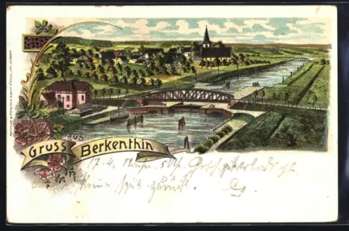 Lithographie Berkenthin, Ortsansicht mit Brücke aus der Vogelschau