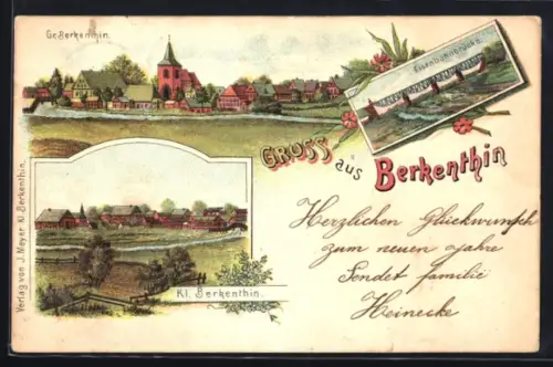 Lithographie Berkenthin, Eisenbahnbrücke, Ortsansicht Gross Berkenthin mit Kirche