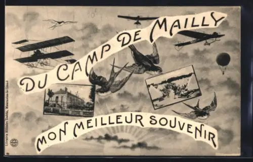 AK Camp-de-Mailly, Zeltplatz, Gebäudeansicht, Schwalben, Ballon und Flugzeuge, Passepartout