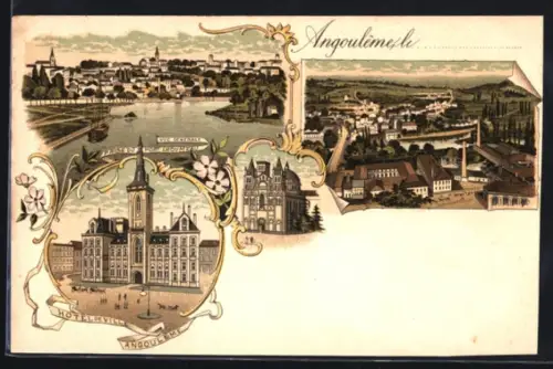 Lithographie Angoulême, Hôtel de Ville, Vue Générale prise du Port Lhoumeau, Eglise