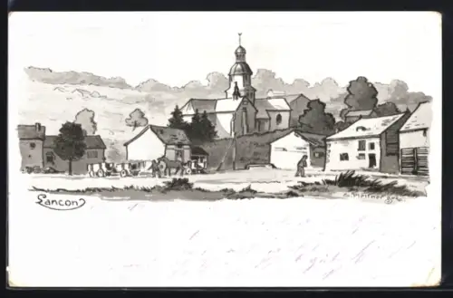 Künstler-AK Lancon, Panorama mit Kirche