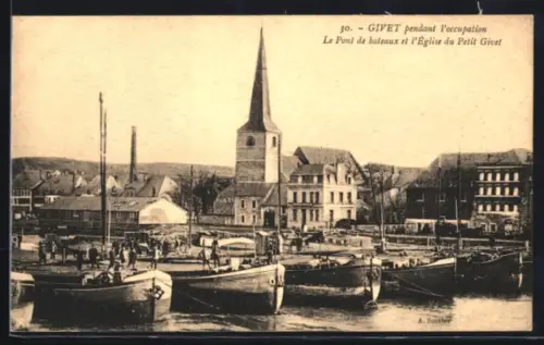 AK Givet, Le Pont de bateaux et l`Église du Petit Gibet pendant l`occupation