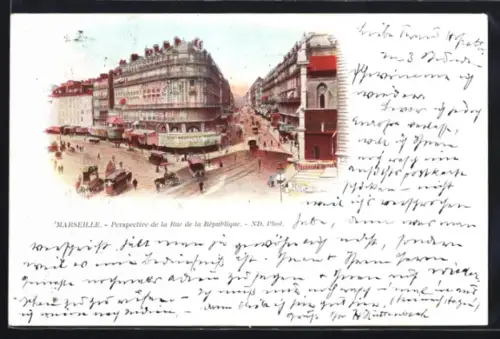 Lithographie Marseille, Perspective de la Rue de la République