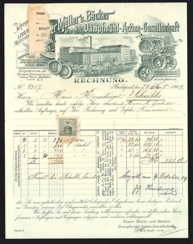 Rechnung Budapest 1909, Müller u Bäcker, Dampfmühlen-Gesellschaft, Fabrik in der Aussenansicht