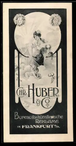 Vertreterkarte Frankfurt a. M., Chr. Huber & Co., Büro für künstlerische Reklame, Schöne Frau mit Engeln auf einer Wolke