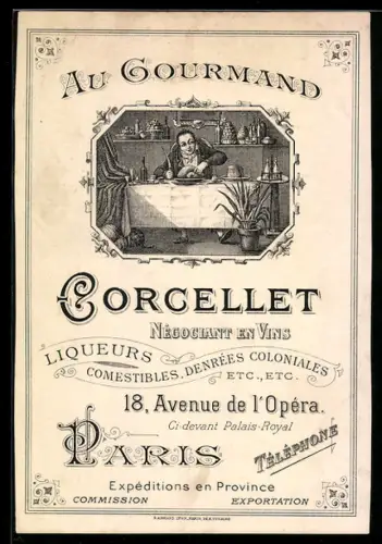 Vertreterkarte Paris, Gorcellet, Négociant en vins, 18 Avenue de l`Opéra, Mann beim Essen