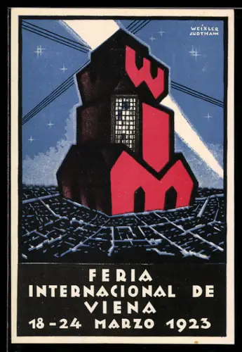 Werbebillet Viena, H. Heber, Feria international de Viena 1923, Vogelschau auf die Stadt mit riesigem Gebäude