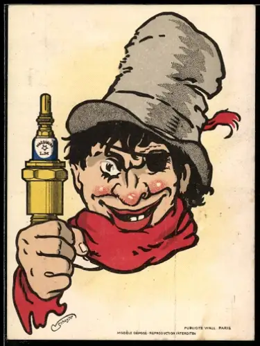 Werbebillet Paris, Bougie Macquaire, 21 Rue de Malte, Mann mit Augenklappe und Zündkerze in der Hand