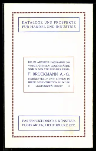 Vertreterkarte München, F. Bruckmann A.G., Kataloge und Prospekte für Handel und Industrie, Firmenlogo