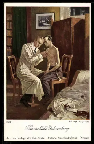 Werbebillet Dresden, Li-il-Werke, Deutsche Arzneibäderfabrik, Arzt mit einem Patienten