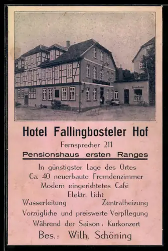 Vertreterkarte Fallingbostel, Wilh. Schöning, Hotel Fallingbosteler Hof, Ansicht des Hotels