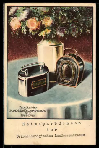 Vertreterkarte Hannover, Bode Gelschrankfabriken A.-G., Zwei Heimsparbüchsen der Braunschweigischen Landessparkasse