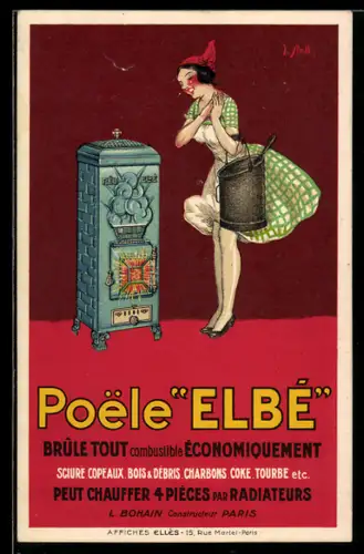 Vertreterkarte Paris, L. Bohain, Poele Elbé, Rue de Roses 21, Brûle Tout combustible Economiquement, Dame mit Herd