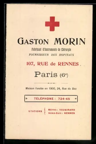 Vertreterkarte Paris, Gaston Morin, Rue de Rennes, Fabricant d`Instrumente de Chirurgie