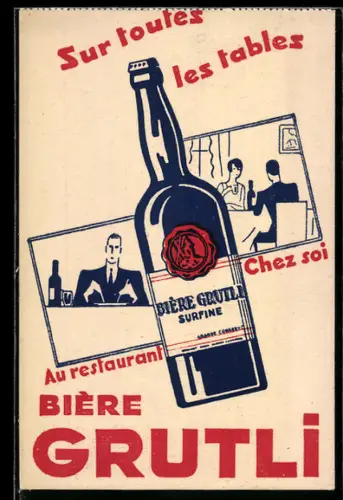Werbebillet Bière Grutli, Restaurant Werbung für Grutli Bier