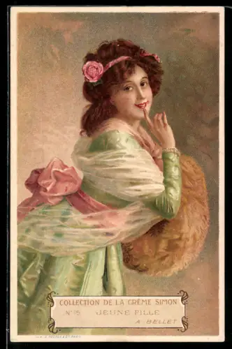 Werbebillet Crème Simon, No15 Jeune Fille, Elegante Dame mit Rose im Haar