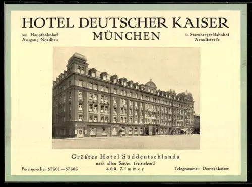 Vertreterkarte München, Hotel Deutscher Kaiser am Hauptbahnhof, Strassenpartie mit Aussenansicht des Hotels