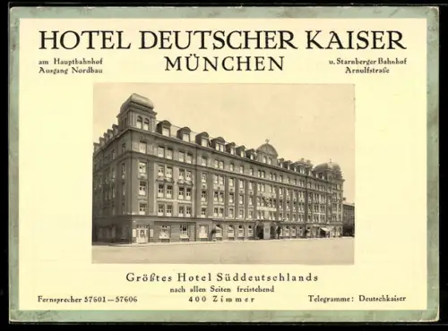 Vertreterkarte München, Hotel Deutscher Kaiser am Hauptbahnhof, Strassenpartie mit Aussenansicht des Hotels