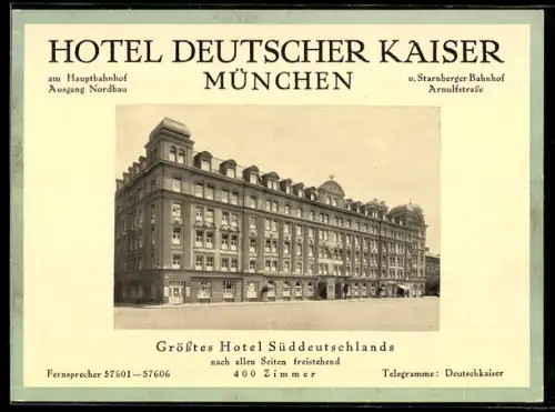 Vertreterkarte München, Hotel Deutscher Kaiser am Hauptbahnhof, Strassenpartie mit Aussenansicht des Hotels