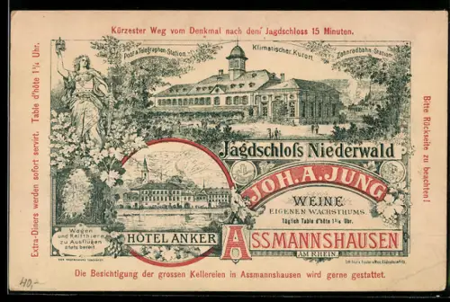 Vertreterkarte Assmannshausen am Rhein, Joh. A. Jung, Jagdschloss Niederwald und Hotel Anker, Aussenansicht und Ortskarte
