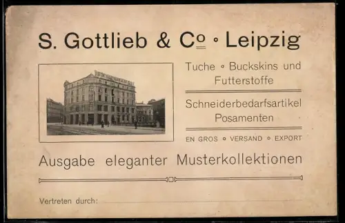 Vertreterkarte Leipzig, S. Gottlieb & Co., Tuche, Buckskins und Futterstoffe, Geschäft in der Aussenansicht