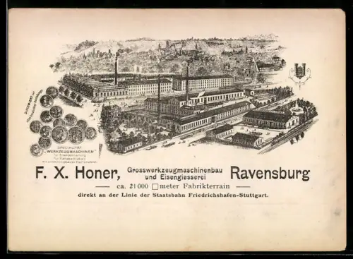 Vertreterkarte Ravensburg, F.X. Honer, Grosswerkzeugmaschinen und Eisengiesserei, Vogelschau auf die Fabrik