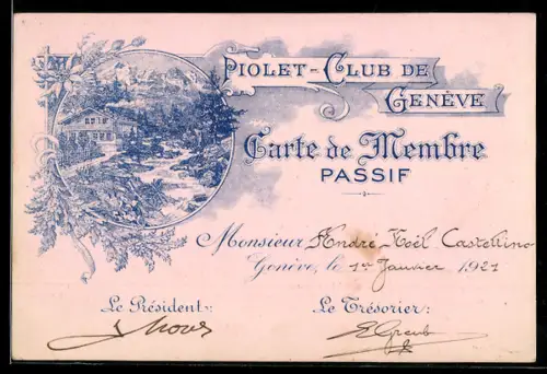 Vertreterkarte Genève, Piolet Club, Mitgliedskarte, Aussenansicht des Clubhauses mit Gebirgspanorama