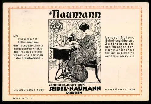 Vertreterkarte Dresden, Seidel & Naumann, Nähmaschinenfabrikant, Hübsche Frau an einer Nähmaschine