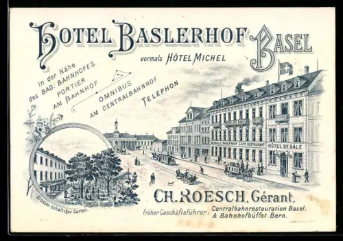 Vertreterkarte Basel, Ch. Roesch, Hotel Baslerhof, Strassenpartie mit Strassenbahn vor dem Hotel