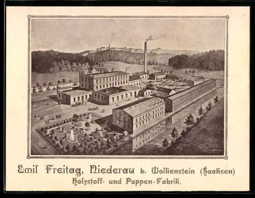Vertreterkarte Niederau b. Wolkenstein, Emil Freitag, Holzstoff- und Pappen-Fabrik, Vogelschau auf die Fabrik