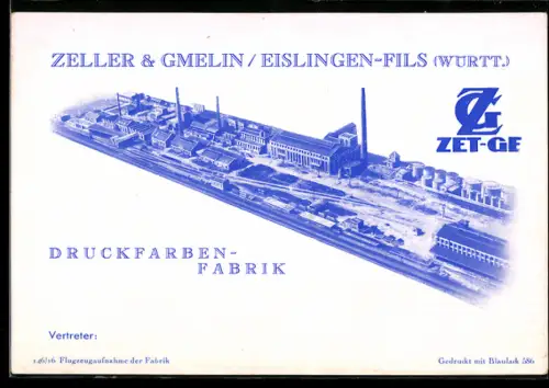 Vertreterkarte Eislingen-Fils /Württ., Zeller & Gmelin, Fabrik für Druckfarben, Fabrikgelände aus der Vogelschau
