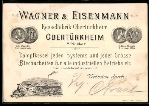 Vertreterkarte Obertürkheim a. Neckar, Wagner und Eisenmann, Kesselfabrik, Fabrik aus der Vogelschau und Medaillen