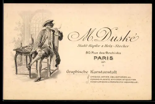 Vertreterkarte Paris, M. Duské, Rue des Archives 80, Stahl-Kupfer & Holz-Stecher, eleganter Mann mit Pfeife