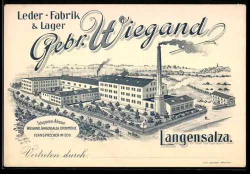 Vertreterkarte Langensalza, Gebr. Wiegand, Leder-Fabrik und Lager, Fabrikgelände aus der Vogelschau