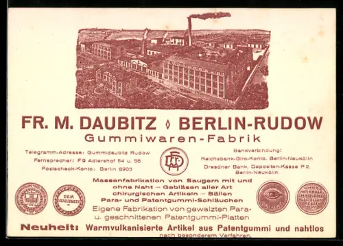 Vertreterkarte Berlin-Rudow, Fr. M. Daubitz, Gummiwaren-Fabrik, Vogelschau auf die Fabrik