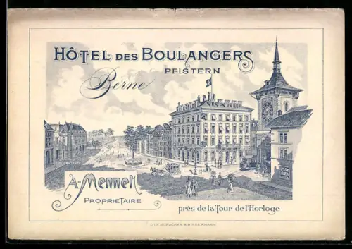 Vertreterkarte Pfistern, A. Mennel, Hôtel des Boulangers, Strassenpartie mit Rathaus und Hotel