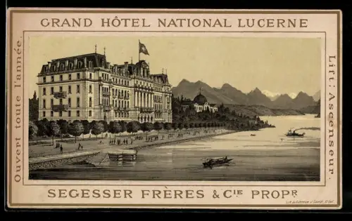 Vertreterkarte Luzern, Segesser Frères & Cie., Grand Hôtel National, Hotel mit Uferpartie