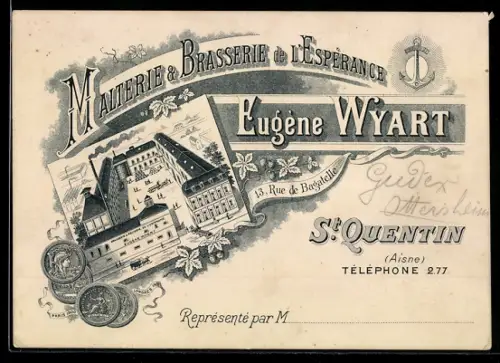 Vertreterkarte St. Quentin /Aisne, Eugène Wyart, Malterie & Brasserie de l`Espérance, Vogelschau auf Brauerei